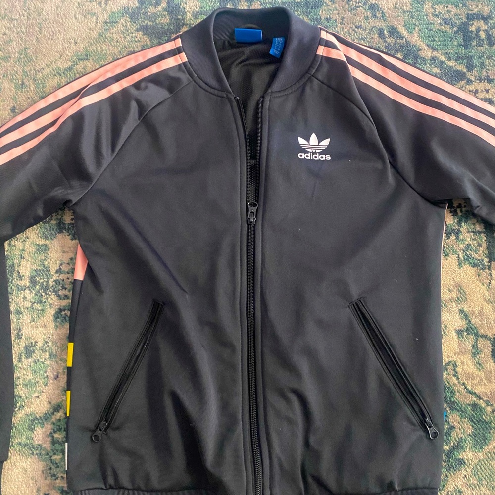 ADIDAS Track Jacket Dark Grey light pink stripes